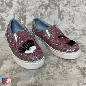 Chiara Ferragni Flirting Glitter Italian Leather Slip On Sneakers in Pink